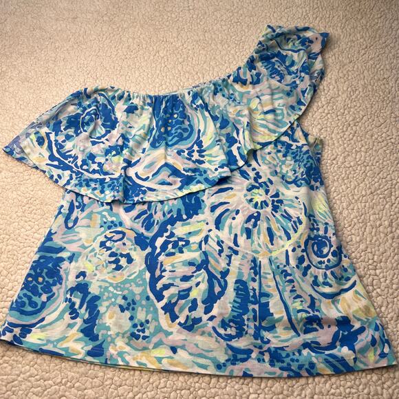 Lilly Pulitzer One Shoulder Blue White Ruffle Seashell Print Top XS - Picture 1 of 9